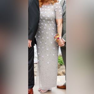 Adrianna Papell 3D Floral Beaded Gown, Mesh Round Neck Short Sleeve, Sz 14